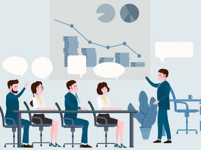 Presentation of the project, business people meeting, teamwork or brainstorming with speach bubbles. Man speaks before his colleagues at a big conference desk. Vector illustration of a flat cartoon style design